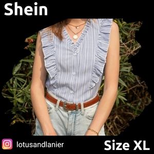 Shein Blue and White Ruffle/ Striped Blouse Size XL NWOT